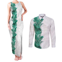 Hawaii Tropical Leaves Couples Matching Tank Maxi Dress and Long Sleeve Button Shirt Polynesian Pattern LT01 White - Polynesian Pride