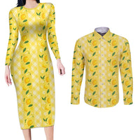 Hawaii Lemon Palaka Couples Matching Long Sleeve Bodycon Dress and Long Sleeve Button Shirt Striped Stylized LT01 Yellow - Polynesian Pride