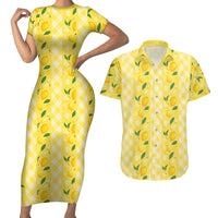 Hawaii Lemon Palaka Couples Matching Short Sleeve Bodycon Dress and Hawaiian Shirt Striped Stylized LT01 Yellow - Polynesian Pride
