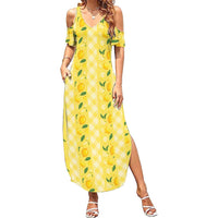 Hawaii Lemon Palaka Family Matching Summer Maxi Dress and Hawaiian Shirt Striped Stylized LT01 Mom's Dress Yellow - Polynesian Pride