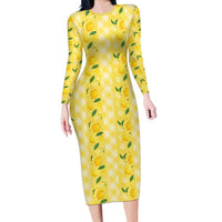 Hawaii Lemon Palaka Long Sleeve Bodycon Dress Striped Stylized LT01 Long Dress Yellow - Polynesian Pride