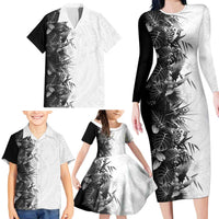 Hawaii Tropical Plant Monochrome Family Matching Long Sleeve Bodycon Dress and Hawaiian Shirt Vibrant Polynesian Pattern