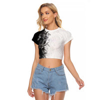 Hawaii Tropical Plant Monochrome Raglan Cropped T Shirt Vibrant Polynesian Pattern LT01 Female Black - Polynesian Pride