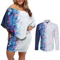 Hawaii Tropical Plant UliUli Couples Matching Off Shoulder Short Dress and Long Sleeve Button Shirt Vibrant Polynesian Pattern LT01 Blue - Polynesian Pride