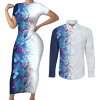 Hawaii Tropical Plant UliUli Couples Matching Short Sleeve Bodycon Dress and Long Sleeve Button Shirt Vibrant Polynesian Pattern LT01 Blue - Polynesian Pride