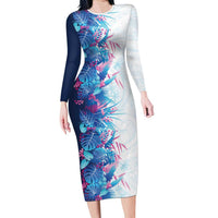 Hawaii Tropical Plant UliUli Long Sleeve Bodycon Dress Vibrant Polynesian Pattern LT01 Long Dress Blue - Polynesian Pride