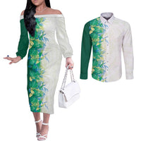 Hawaii Tropical Plant Omaomao Couples Matching Off The Shoulder Long Sleeve Dress and Long Sleeve Button Shirt Vibrant Polynesian Pattern LT01 Green - Polynesian Pride