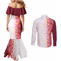 Hawaii Tropical Plant Akala Couples Matching Mermaid Dress and Long Sleeve Button Shirt Vibrant Polynesian Pattern LT01 - Polynesian Pride