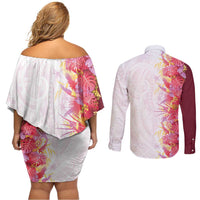 Hawaii Tropical Plant Akala Couples Matching Off Shoulder Short Dress and Long Sleeve Button Shirt Vibrant Polynesian Pattern LT01 - Polynesian Pride