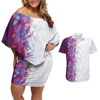 Hawaii Tropical Plant Poni Couples Matching Off Shoulder Short Dress and Hawaiian Shirt Vibrant Polynesian Pattern LT01 Purple - Polynesian Pride
