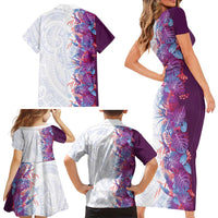 Hawaii Tropical Plant Poni Family Matching Short Sleeve Bodycon Dress and Hawaiian Shirt Vibrant Polynesian Pattern