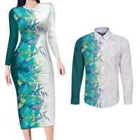Hawaii Tropical Plant Teal Couples Matching Long Sleeve Bodycon Dress and Long Sleeve Button Shirt Vibrant Polynesian Pattern LT01 Teal - Polynesian Pride