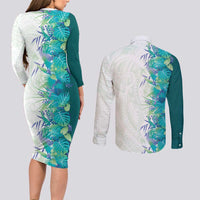 Hawaii Tropical Plant Teal Couples Matching Long Sleeve Bodycon Dress and Long Sleeve Button Shirt Vibrant Polynesian Pattern LT01 - Polynesian Pride