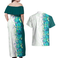 Hawaii Tropical Plant Teal Couples Matching Off Shoulder Maxi Dress and Hawaiian Shirt Vibrant Polynesian Pattern LT01 - Polynesian Pride