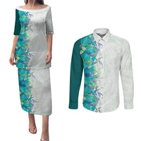 Hawaii Tropical Plant Teal Couples Matching Puletasi and Long Sleeve Button Shirt Vibrant Polynesian Pattern LT01 Teal - Polynesian Pride