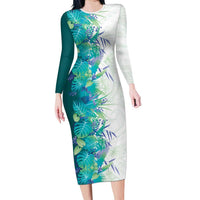 Hawaii Tropical Plant Teal Family Matching Long Sleeve Bodycon Dress and Hawaiian Shirt Vibrant Polynesian Pattern
