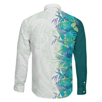 Hawaii Tropical Plant Teal Family Matching Off The Shoulder Long Sleeve Dress and Hawaiian Shirt Vibrant Polynesian Pattern