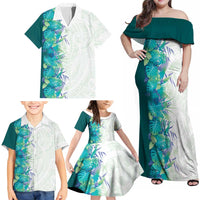 Hawaii Tropical Plant Teal Family Matching Off Shoulder Maxi Dress and Hawaiian Shirt Vibrant Polynesian Pattern