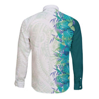 Hawaii Tropical Plant Teal Long Sleeve Button Shirt Vibrant Polynesian Pattern LT01 - Polynesian Pride