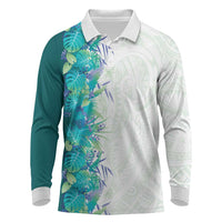 Hawaii Tropical Plant Teal Long Sleeve Polo Shirt Vibrant Polynesian Pattern LT01 Teal - Polynesian Pride