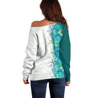 Hawaii Tropical Plant Teal Off Shoulder Sweater Vibrant Polynesian Pattern LT01 - Polynesian Pride
