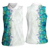 Hawaii Tropical Plant Teal Women Sleeveless Polo Shirt Vibrant Polynesian Pattern