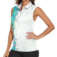 Hawaii Tropical Plant Teal Women Sleeveless Polo Shirt Vibrant Polynesian Pattern