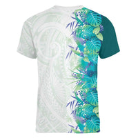 Hawaii Tropical Plant Teal Women V-Neck T-Shirt Vibrant Polynesian Pattern LT01 - Polynesian Pride