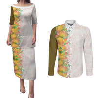 Hawaii Tropical Plant Lenalena Couples Matching Puletasi and Long Sleeve Button Shirt Vibrant Polynesian Pattern LT01 Yellow - Polynesian Pride