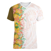 Hawaii Tropical Plant Lenalena Women V-Neck T-Shirt Vibrant Polynesian Pattern LT01 Female Yellow - Polynesian Pride