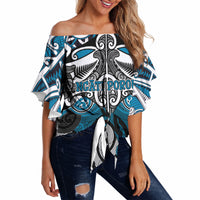 Personalised Maori Ngati Porou Off Shoulder Wrap Waist Top Silver Fern Kowhaiwhai Art LT01 Blue - Polynesian Pride