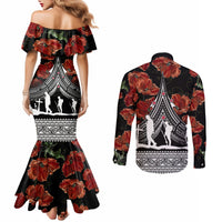 New Zealand ANZAC Day Couples Matching Mermaid Dress and Long Sleeve Button Shirt Poppy With Polynesian Pattern LT01 - Polynesian Pride