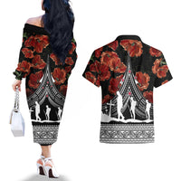 New Zealand ANZAC Day Couples Matching Off The Shoulder Long Sleeve Dress and Hawaiian Shirt Poppy With Polynesian Pattern LT01 - Polynesian Pride