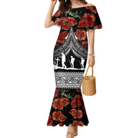New Zealand ANZAC Day Family Matching Mermaid Dress and Hawaiian Shirt Poppy With Polynesian Pattern LT01 Mom's Dress Black - Polynesian Pride