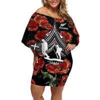 New Zealand ANZAC Day Off Shoulder Short Dress Poppy With Polynesian Pattern LT01 Women Black - Polynesian Pride