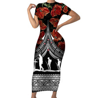 New Zealand ANZAC Day Short Sleeve Bodycon Dress Poppy With Polynesian Pattern LT01 Long Dress Black - Polynesian Pride