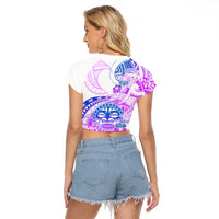 Kia Ora Maori New Zealand Pastel Raglan Cropped T Shirt Sun Ta Moko Lilac Version LT01 - Polynesian Pride