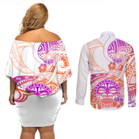 Kia Ora Maori New Zealand Pastel Couples Matching Off Shoulder Short Dress and Long Sleeve Button Shirt Sun Ta Moko Sunset Version LT01 - Polynesian Pride