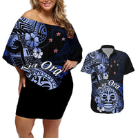 Aotearoa Kia Ora New Zealand Ta Moko Blue Version Couples Matching Off Shoulder Short Dress and Hawaiian Shirt LT01 Blue - Polynesian Pride