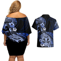 Aotearoa Kia Ora New Zealand Ta Moko Blue Version Couples Matching Off Shoulder Short Dress and Hawaiian Shirt LT01 - Polynesian Pride