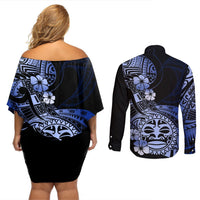 Aotearoa Kia Ora New Zealand Ta Moko Blue Version Couples Matching Off Shoulder Short Dress and Long Sleeve Button Shirt LT01 - Polynesian Pride