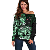 Aotearoa Kia Ora New Zealand Ta Moko Green Version Off Shoulder Sweater LT01 Women Green - Polynesian Pride