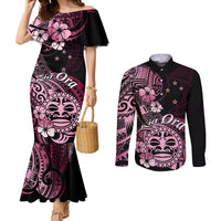 Aotearoa Kia Ora New Zealand Ta Moko Pink Version Couples Matching Mermaid Dress and Long Sleeve Button Shirt LT01 Pink - Polynesian Pride