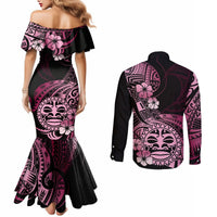 Aotearoa Kia Ora New Zealand Ta Moko Pink Version Couples Matching Mermaid Dress and Long Sleeve Button Shirt LT01 - Polynesian Pride