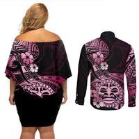 Aotearoa Kia Ora New Zealand Ta Moko Pink Version Couples Matching Off Shoulder Short Dress and Long Sleeve Button Shirt LT01 - Polynesian Pride