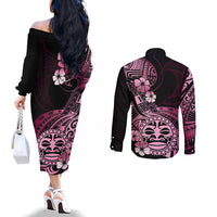Aotearoa Kia Ora New Zealand Ta Moko Pink Version Couples Matching Off The Shoulder Long Sleeve Dress and Long Sleeve Button Shirt LT01 - Polynesian Pride