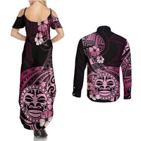 Aotearoa Kia Ora New Zealand Ta Moko Pink Version Couples Matching Summer Maxi Dress and Long Sleeve Button Shirt LT01 - Polynesian Pride