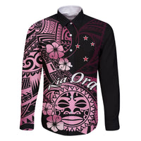 Aotearoa Kia Ora New Zealand Ta Moko Pink Version Family Matching Off Shoulder Maxi Dress and Hawaiian Shirt LT01 Dad's Shirt - Long Sleeve Pink - Polynesian Pride
