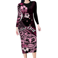 Aotearoa Kia Ora New Zealand Ta Moko Pink Version Long Sleeve Bodycon Dress LT01 Long Dress Pink - Polynesian Pride