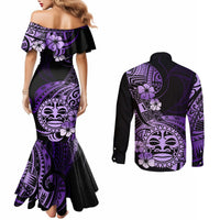 Aotearoa Kia Ora New Zealand Ta Moko Purple Version Couples Matching Mermaid Dress and Long Sleeve Button Shirt LT01 - Polynesian Pride